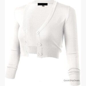 3/4 Sleeve Cropped Bolero Shrug Button Down Cardigan Sweater Lightweight Knit